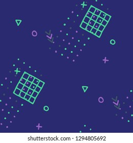 Retro Memphis Pattern. Seamless Background for Card, Poster, Cover in Trendy Style. Colorful Geometric Pattern with Hand Drawn Scribble Elements. Colorful Triangles, Rings, Zigzags and Dots.