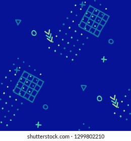 Retro Memphis Pattern. Seamless Background for Wallpaper, Fabric, Cloth in Trendy Style. Colorful Geometric Pattern with Hand Drawn Scribble Elements. Colorful Triangles, Rings, Zigzags and Dots.