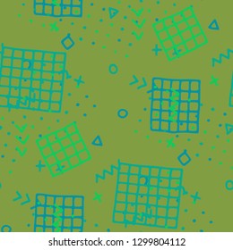 Retro Memphis Pattern. Seamless Background for Wallpaper, Print, Textile in Trendy Style. Colorful Geometric Pattern with Hand Drawn Scribble Elements. Colorful Triangles, Rings, Zigzags and Dots.