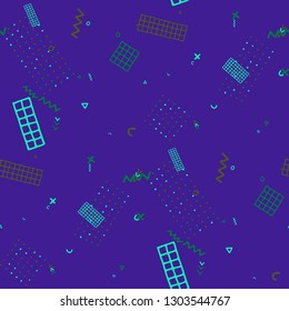 Retro Memphis Pattern. Seamless Background for Banner, Fabric, Cloth in Trendy Style. Bright Geometric Pattern with Hand Drawn Scribble Elements. Colorful Triangles, Rings, Zigzags and Dots.