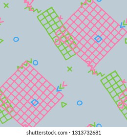 Retro Memphis Pattern. Seamless Background for Card, Banner, Cover in Trendy Style. Colorful Geometric Pattern with Hand Drawn Scribble Elements. Colorful Triangles, Rings, Zigzags and Dots.