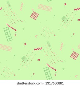 Retro Memphis Pattern. Seamless Background for Banner, Poster, Cloth in Trendy Style. Bright Geometric Pattern with Hand Drawn Scribble Elements. Colorful Triangles, Rings, Zigzags and Dots.