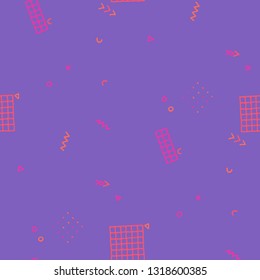 Retro Memphis Pattern. Seamless Background for Card, Print, Textile in Trendy Style. Bright Geometric Pattern with Hand Drawn Scribble Elements. Colorful Triangles, Rings, Zigzags and Dots.