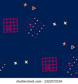 Retro Memphis Pattern. Seamless Background for Banner, Fabric, Cloth in Trendy Style. Colorful Geometric Pattern with Hand Drawn Scribble Elements. Colorful Triangles, Rings, Zigzags and Dots.