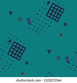 Retro Memphis Pattern. Seamless Background for Wallpaper, Fabric, Swimwear in Trendy Style. Colorful Geometric Pattern with Hand Drawn Scribble Elements. Colorful Triangles, Rings, Zigzags and Dots.