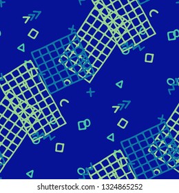 Retro Memphis Pattern. Seamless Background for Wallpaper, Print, Textile in Trendy Style. Colorful Geometric Pattern with Hand Drawn Scribble Elements. Colorful Triangles, Rings, Zigzags and Dots.