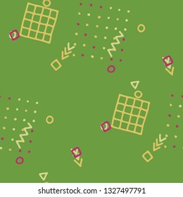 Retro Memphis Pattern. Seamless Background for Card, Banner, Cover in Trendy Style. Bright Geometric Pattern with Hand Drawn Scribble Elements. Colorful Triangles, Rings, Zigzags and Dots.