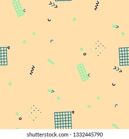 Retro Memphis Pattern. Seamless Background for Wallpaper, Print, Textile in Trendy Style. Colorful Geometric Pattern with Hand Drawn Scribble Elements. Colorful Triangles, Rings, Zigzags and Dots.