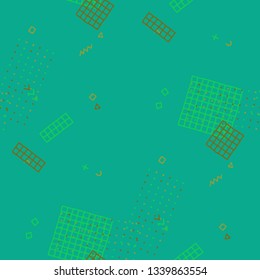Retro Memphis Pattern. Seamless Background for Wallpaper, Fabric, Cloth in Trendy Style. Bright Geometric Pattern with Hand Drawn Scribble Elements. Colorful Triangles, Rings, Zigzags and Dots.