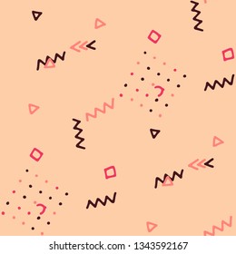 Retro Memphis Pattern. Seamless Background for Wallpaper, Calico, Textile in Trendy Style. Bright Geometric Pattern with Hand Drawn Scribble Elements. Colorful Triangles, Rings, Zigzags and Dots.