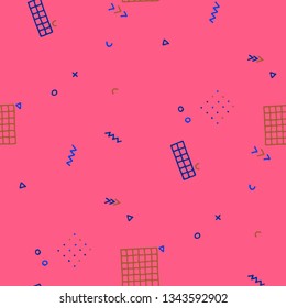 Retro Memphis Pattern. Seamless Background for Wallpaper, Cotton, Swimwear in Trendy Style. Colorful Geometric Pattern with Hand Drawn Scribble Elements. Colorful Triangles, Rings, Zigzags and Dots.