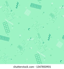 Retro Memphis Pattern. Seamless Background for Chintz, Calico, Fabric in Trendy Style. Colorful Geometric Pattern with Hand Drawn Scribble Elements. Colorful Triangles, Rings, Zigzags and Dots.