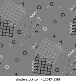 Retro Memphis Pattern. Seamless Background for Banner, Fabric, Cloth in Trendy Style. Bright Geometric Pattern with Hand Drawn Scribble Elements. Colorful Triangles, Rings, Zigzags and Dots.