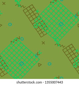 Retro Memphis Pattern. Seamless Background for Chintz, Calico, Fabric in Trendy Style. Colorful Geometric Pattern with Hand Drawn Scribble Elements. Colorful Triangles, Rings, Zigzags and Dots.