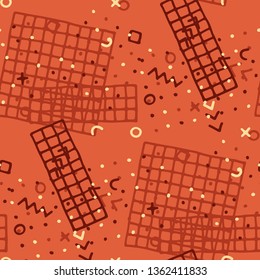 Retro Memphis Pattern. Seamless Background for Wallpaper, Fabric, Swimwear in Trendy Style. Bright Geometric Pattern with Hand Drawn Scribble Elements. Colorful Triangles, Rings, Zigzags and Dots.