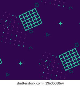 Retro Memphis Pattern. Seamless Background for Card, Print, Textile in Trendy Style. Bright Geometric Pattern with Hand Drawn Scribble Elements. Colorful Triangles, Rings, Zigzags and Dots.