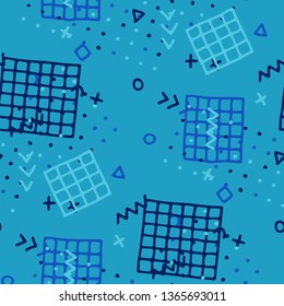 Retro Memphis Pattern. Seamless Background for Wallpaper, Cotton, Swimwear in Trendy Style. Bright Geometric Pattern with Hand Drawn Scribble Elements. Colorful Triangles, Rings, Zigzags and Dots.