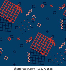 Retro Memphis Pattern. Seamless Background for Banner, Poster, Cloth in Trendy Style. Colorful Geometric Pattern with Hand Drawn Scribble Elements. Colorful Triangles, Rings, Zigzags and Dots.