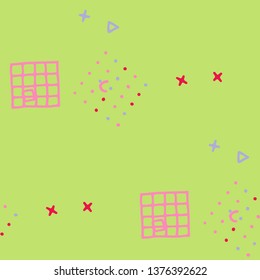 Retro Memphis Pattern. Seamless Background for Card, Banner, Cover in Trendy Style. Bright Geometric Pattern with Hand Drawn Scribble Elements. Colorful Triangles, Rings, Zigzags and Dots.