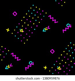 Retro Memphis Pattern. Seamless Background for Card, Banner, Cover in Trendy Style. Colorful Geometric Pattern with Hand Drawn Scribble Elements. Colorful Triangles, Rings, Zigzags and Dots.