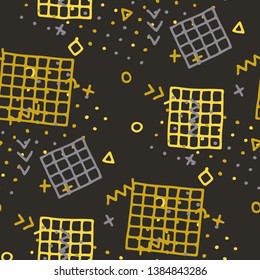 Retro Memphis Pattern. Seamless Background for Wallpaper, Calico, Fabric in Trendy Style. Bright Geometric Pattern with Hand Drawn Scribble Elements. Colorful Triangles, Rings, Zigzags and Dots.