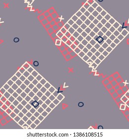 Retro Memphis Pattern. Seamless Background for Card, Banner, Cover in Trendy Style. Colorful Geometric Pattern with Hand Drawn Scribble Elements. Colorful Triangles, Rings, Zigzags and Dots.
