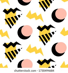 Retro Memphis nahtlos Muster. Mode im Stil der 80-90er Jahre. Abstrakter farbiger geometrischer Hintergrund. Textil-Druck, Tapete, Packpapier, Cover-Design. Vector-Abbildung.