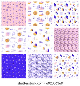 Retro memphis seamless patterns. 80-90s fashion style. Abstract Colorful geometric backgrounds set. Textile print, wallpaper, wrapping paper, cover design. Vector illustration.