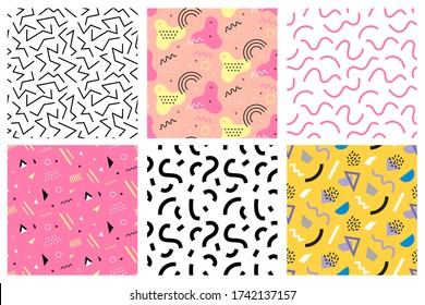 Retro memphis seamless patterns set. 80-90s fashion style. Abstract colorful geometric background. Textile print, wallpaper, wrapping paper, cover design. Vector illustration.