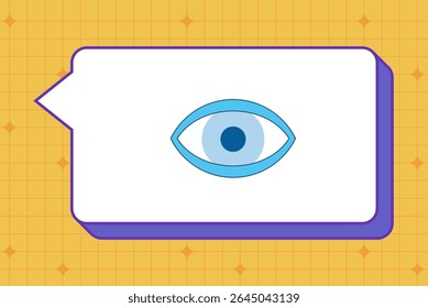 Retro memphis speech bubble. Talk bubble text, chat box, in retro style with drawing element on a color background. Sticker emoji text block in doodle balloon style