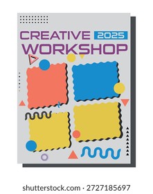 Modelo de panfleto de oficina criativa estilo Memphis retrô - cartaz de evento geométrico abstrato