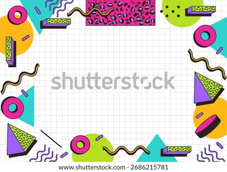Retro Memphis Style Geometric Frame Background – 80s Colorful Abstract Design with Playful Shapes and Pattern Elements