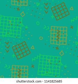 Retro Memphis Texture. Seamless Background for Wallpaper, Cotton, Swimwear in Trendy Style. Colorful Geometric Pattern with Hand Drawn Scribble Elements. Colorful Triangles, Rings, Zigzags and Dots.