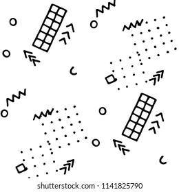 Retro Memphis Texture. Seamless Background for Chintz, Cotton, Fabric in Trendy Style. Bright Geometric Pattern with Hand Drawn Scribble Elements. Black and White Triangles, Zigzags and Dots.