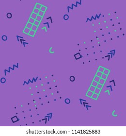 Retro Memphis Texture. Seamless Background for Chintz, Cotton, Swimwear in Trendy Style. Bright Geometric Pattern with Hand Drawn Scribble Elements. Colorful Triangles, Rings, Zigzags and Dots.
