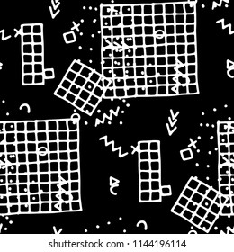 Retro Memphis Texture. Seamless Background for Chintz, Calico, Fabric in Trendy Style. Colorful Geometric Pattern with Hand Drawn Scribble Elements. Black and White Triangles, Zigzags and Dots.