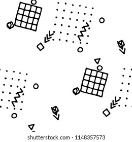Retro Memphis Texture. Seamless Background for Banner, Fabric, Cloth in Trendy Style. Colorful Geometric Pattern with Hand Drawn Scribble Elements. Black and White Triangles, Zigzags and Dots.