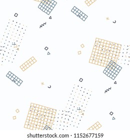 Retro Memphis Texture. Seamless Background for Banner, Fabric, Cloth in Trendy Style. Bright Geometric Pattern with Hand Drawn Scribble Elements. Colorful Triangles, Rings, Zigzags and Dots.