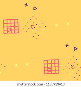 Retro Memphis Texture. Seamless Background for Wallpaper, Fabric, Swimwear in Trendy Style. Colorful Geometric Pattern with Hand Drawn Scribble Elements. Colorful Triangles, Rings, Zigzags and Dots.