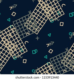 Retro Memphis Texture. Seamless Background for Banner, Poster, Cover in Trendy Style. Bright Geometric Pattern with Hand Drawn Scribble Elements. Colorful Triangles, Rings, Zigzags and Dots.