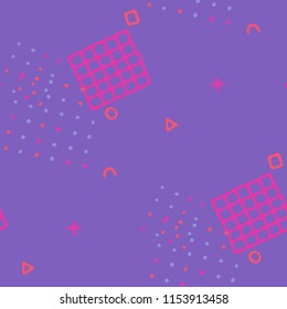 Retro Memphis Texture. Seamless Background for Card, Print, Textile in Trendy Style. Colorful Geometric Pattern with Hand Drawn Scribble Elements. Colorful Triangles, Rings, Zigzags and Dots.
