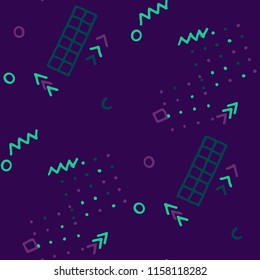 Retro Memphis Texture. Seamless Background for Wallpaper, Print, Textile in Trendy Style. Colorful Geometric Pattern with Hand Drawn Scribble Elements. Colorful Triangles, Rings, Zigzags and Dots.