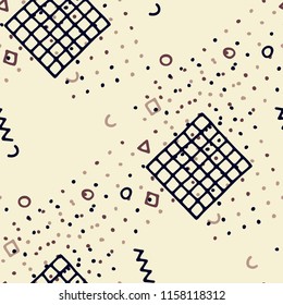 Retro Memphis Texture. Seamless Background for Banner, Fabric, Cloth in Trendy Style. Bright Geometric Pattern with Hand Drawn Scribble Elements. Colorful Triangles, Rings, Zigzags and Dots.