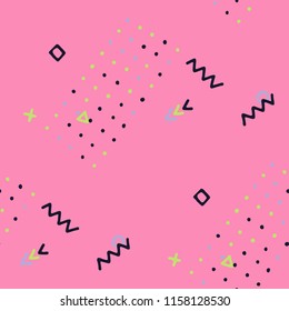 Retro Memphis Texture. Seamless Background for Wallpaper, Cotton, Swimwear in Trendy Style. Bright Geometric Pattern with Hand Drawn Scribble Elements. Colorful Triangles, Rings, Zigzags and Dots.
