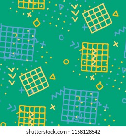 Retro Memphis Texture. Seamless Background for Wallpaper, Calico, Fabric in Trendy Style. Bright Geometric Pattern with Hand Drawn Scribble Elements. Colorful Triangles, Rings, Zigzags and Dots.