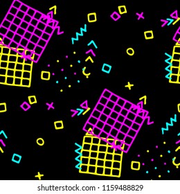 Retro Memphis Texture. Seamless Background for Card, Print, Textile in Trendy Style. Colorful Geometric Pattern with Hand Drawn Scribble Elements. Colorful Triangles, Rings, Zigzags and Dots.