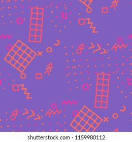 Retro Memphis Texture. Seamless Background for Chintz, Cotton, Swimwear in Trendy Style. Bright Geometric Pattern with Hand Drawn Scribble Elements. Colorful Triangles, Rings, Zigzags and Dots.