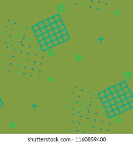 Retro Memphis Texture. Seamless Background for Banner, Poster, Cloth in Trendy Style. Colorful Geometric Pattern with Hand Drawn Scribble Elements. Colorful Triangles, Rings, Zigzags and Dots.