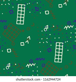 Retro Memphis Texture. Seamless Background for Wallpaper, Calico, Fabric in Trendy Style. Bright Geometric Pattern with Hand Drawn Scribble Elements. Colorful Triangles, Rings, Zigzags and Dots.