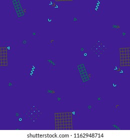 Retro Memphis Texture. Seamless Background for Card, Banner, Cover in Trendy Style. Bright Geometric Pattern with Hand Drawn Scribble Elements. Colorful Triangles, Rings, Zigzags and Dots.